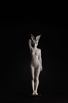 "Vigils Echo 5" Contemporary Nude Sculpture of a Woman with Bunny Mask