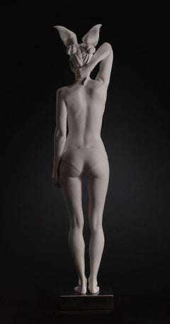 "Vigils Echo 5" Contemporary Nude Sculpture of a Woman with Bunny Mask
