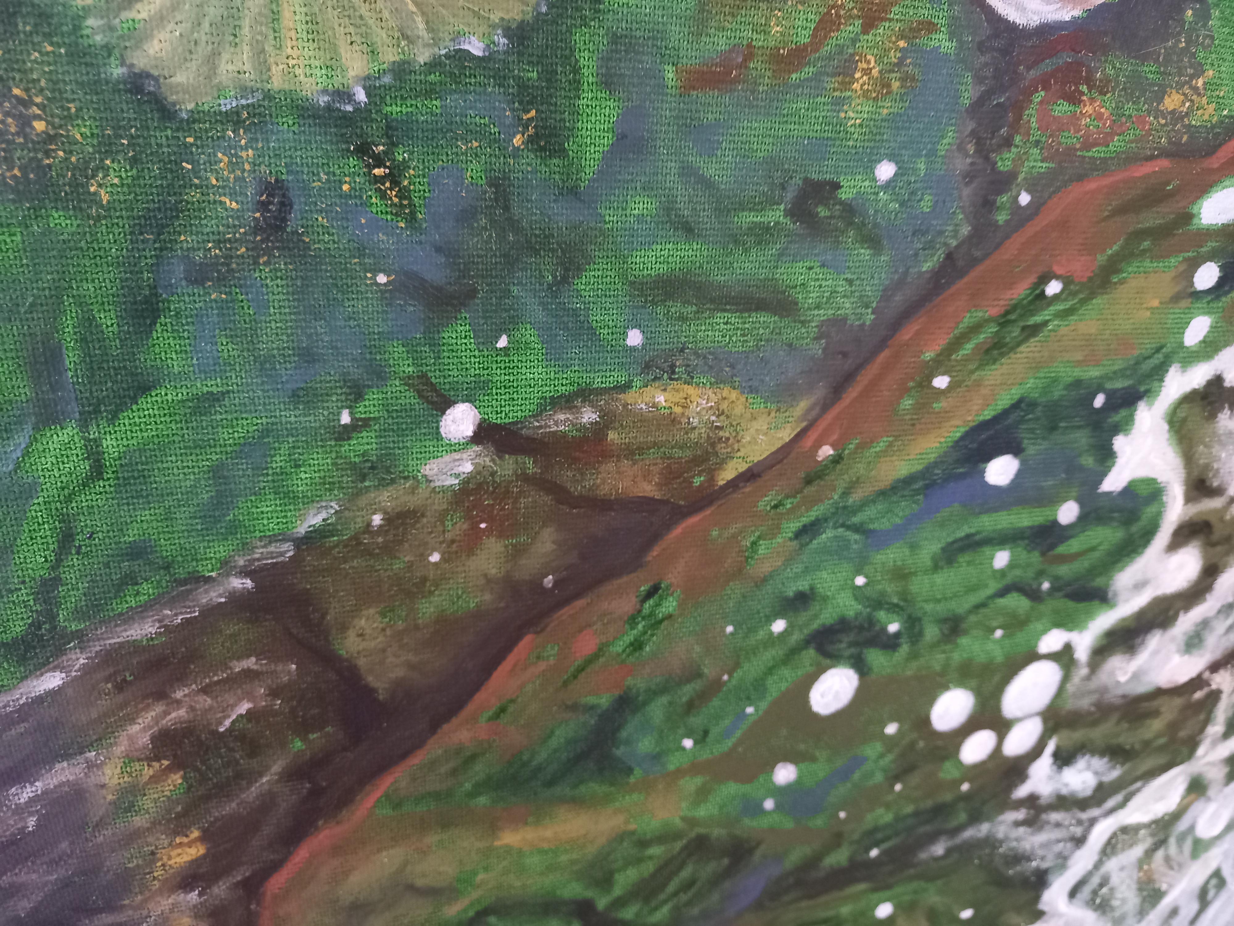 Wir können eine kleine Naturlandschaft sehen, die von einer Meereswelle überspült wird, die uns in diesen Moment versetzt.