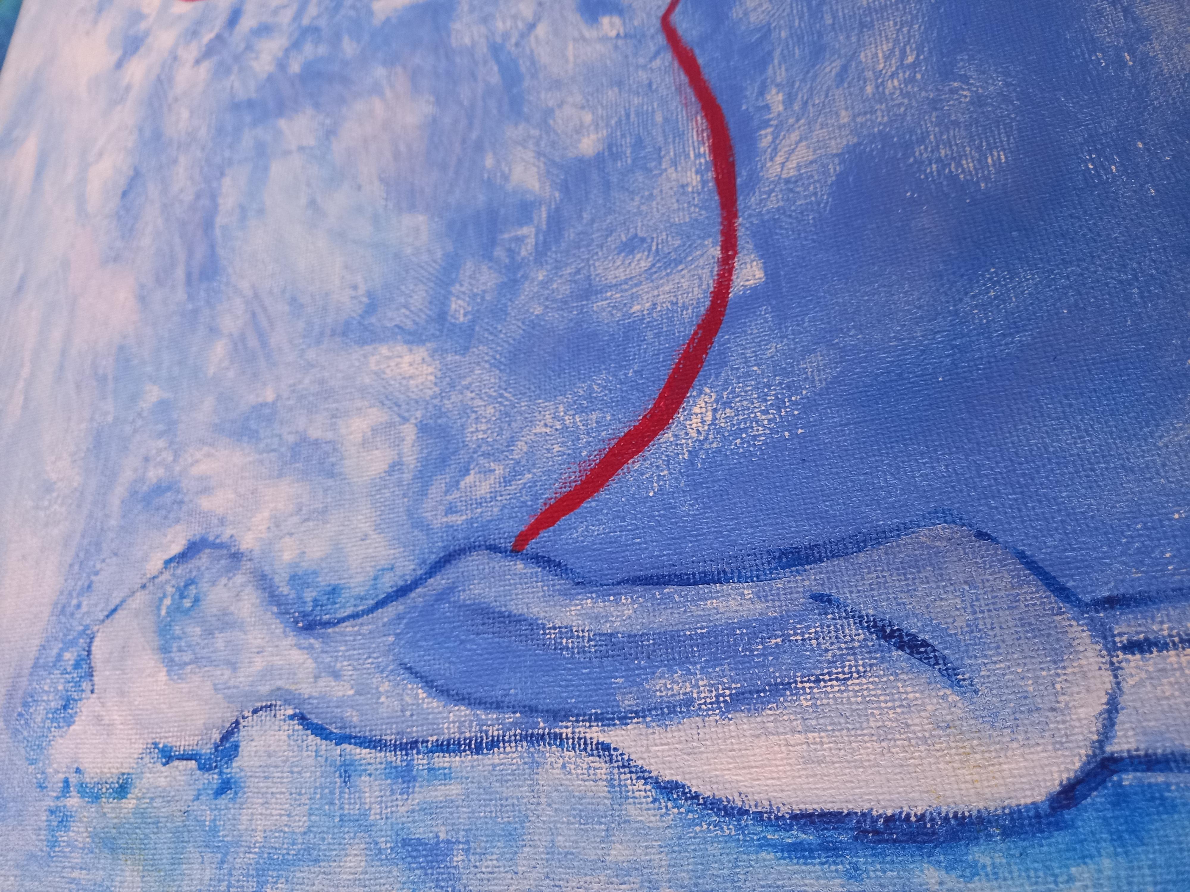 We can see a work with multiple shapes and a dull background, a red thread with a heart unites two people who are reconciling because of a fight they have had.