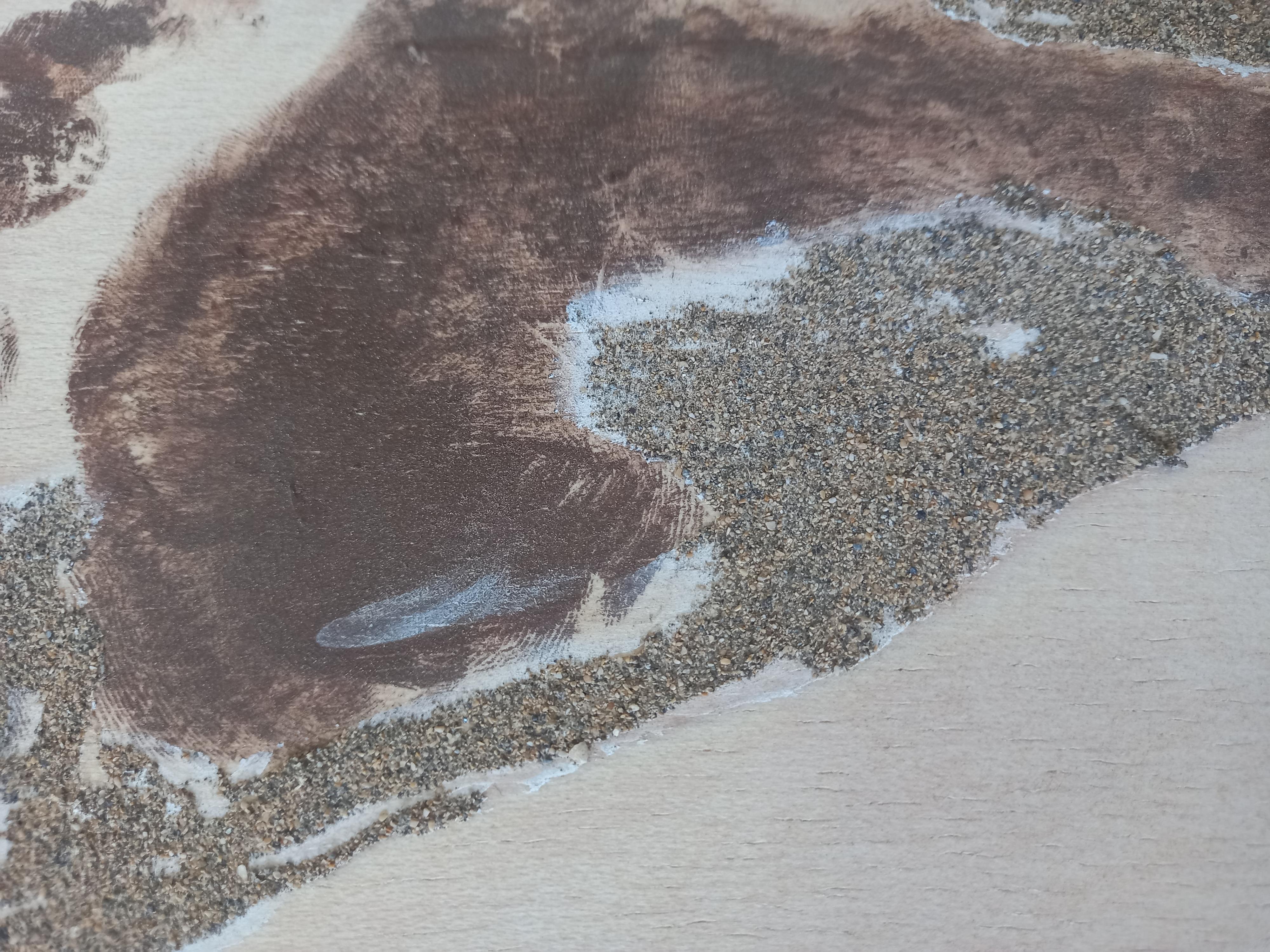 In this work we can see only two footprints of a barefoot human, with muted and neutral colors.