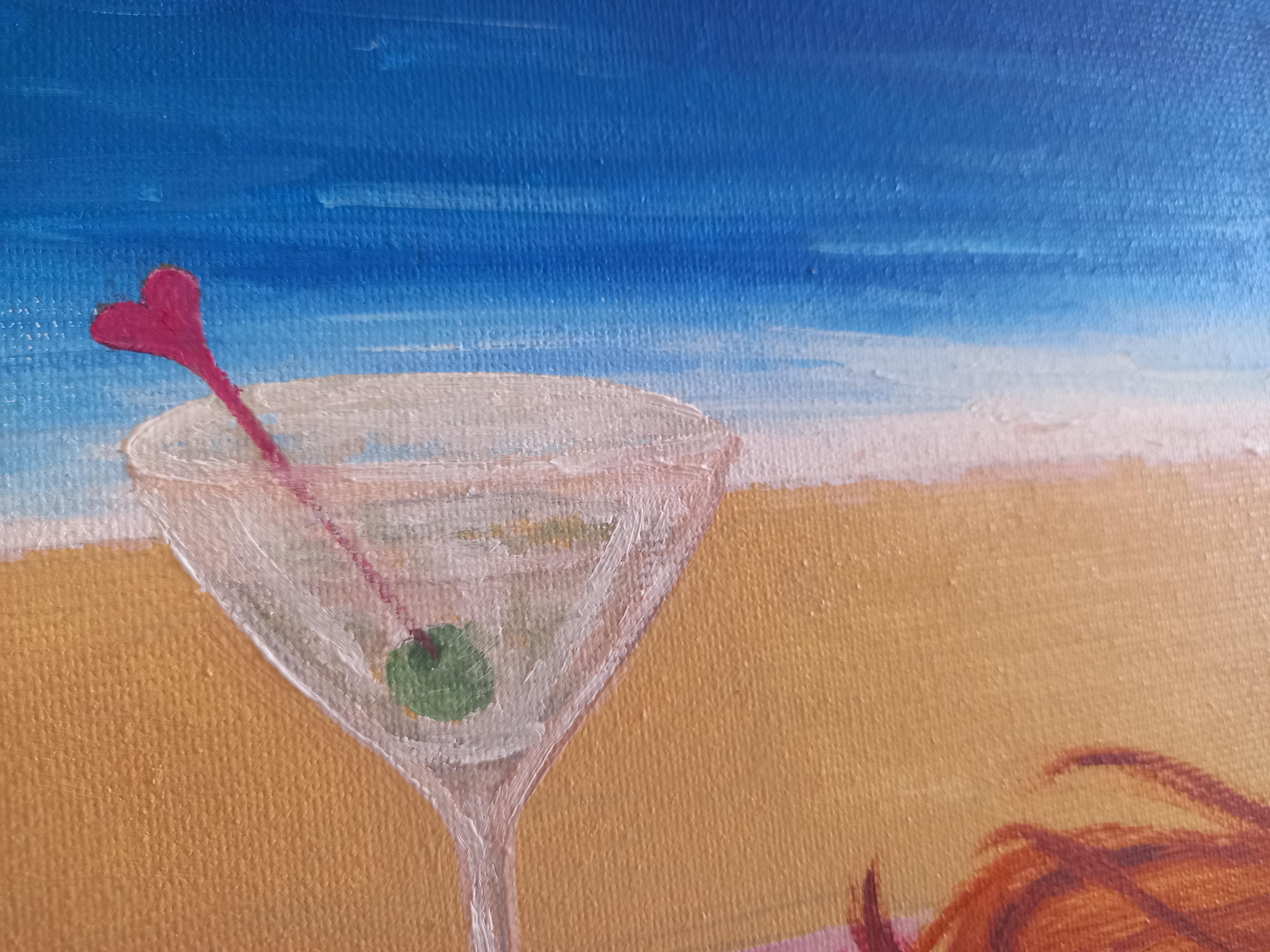 We can see the profile of a woman with a hat, enjoying a very sunny summer day on the beach.