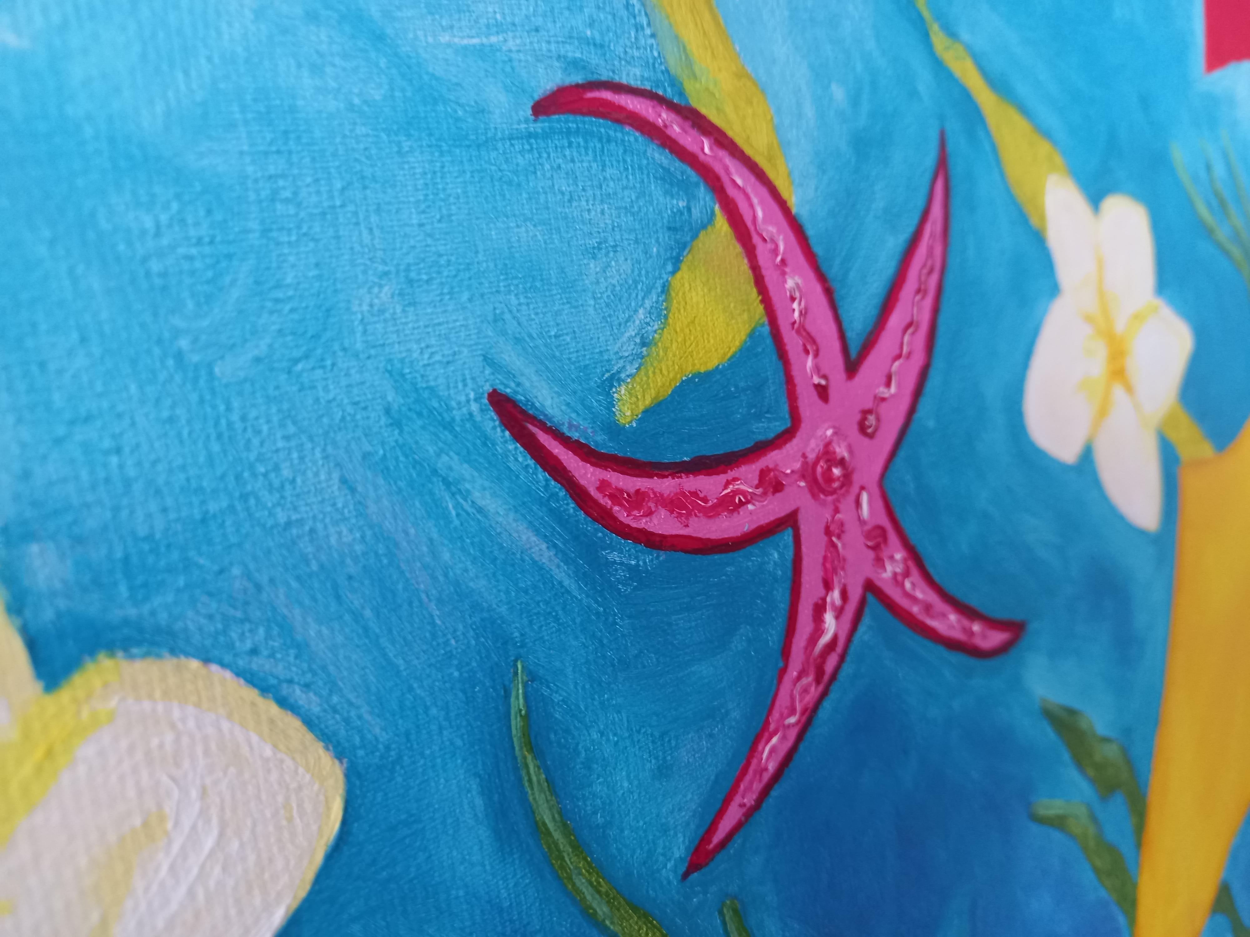 In this work we can see a background that appears to be maritime, in which several different fish of different colors appear, transporting us to the deepest sea.