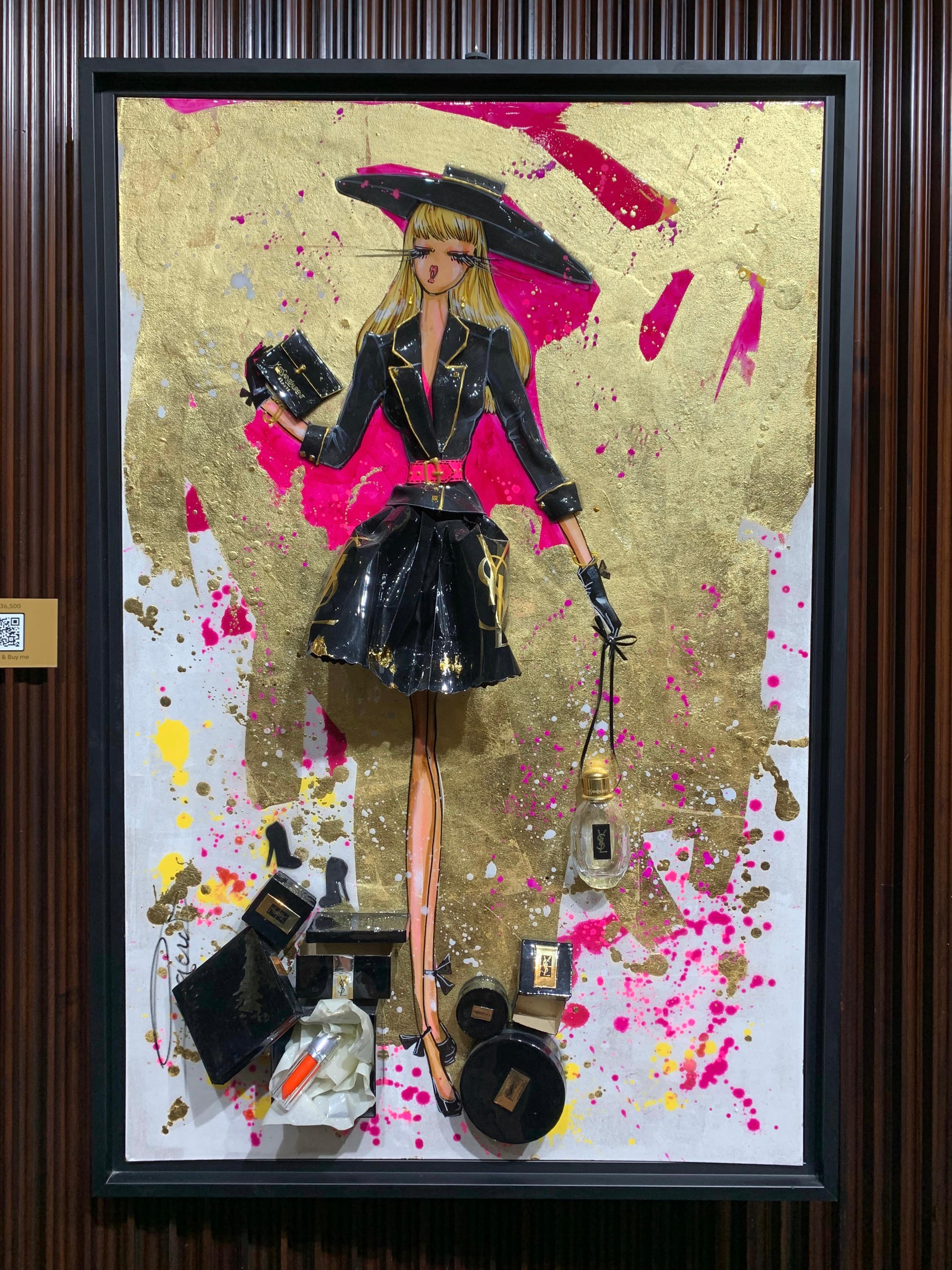 Medium Doll, In Pink, YSL Tribute  - Pop Art Mixed Media Art by RACHEL BERGERET