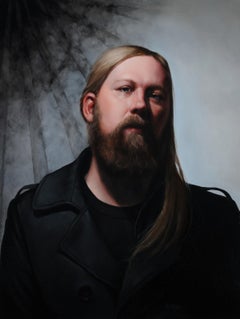 "Black Sun" oil painting male portrait long hair with beard