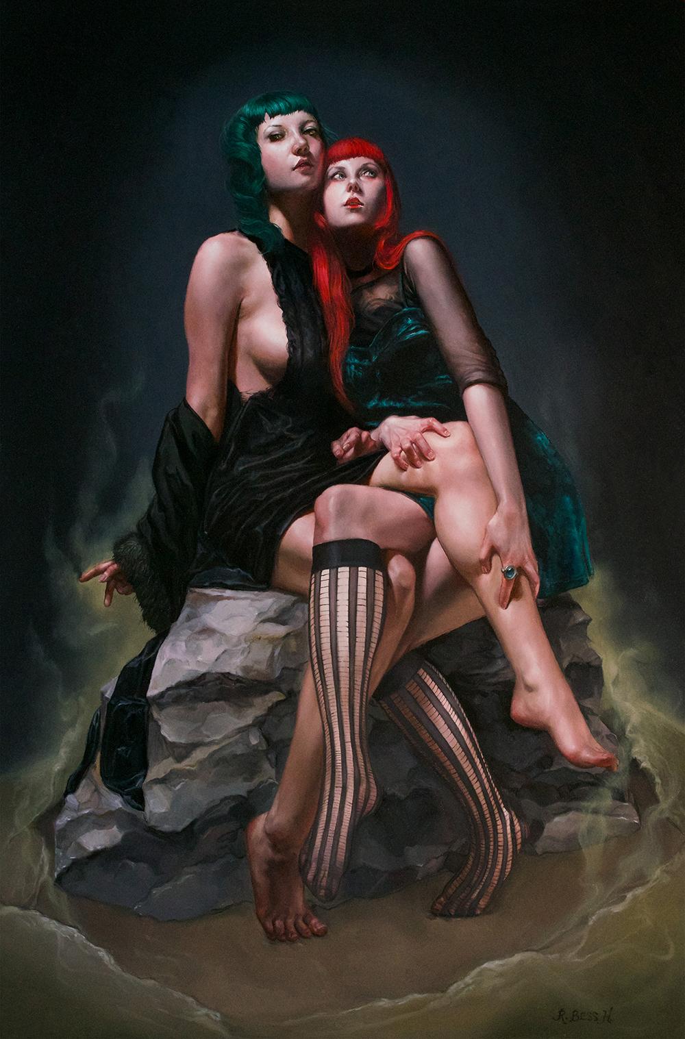 Rachel Bess Figurative Painting – „Dioscuri“, Ölgemälde, figuratives weibliches Porträt, Stockings