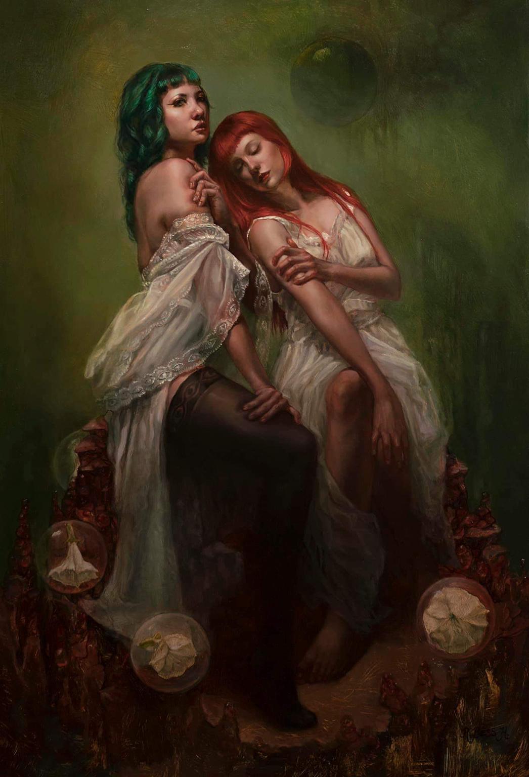 Rachel Bess Portrait Painting - "Gemini" oil painting on panel figurative two women female red hair