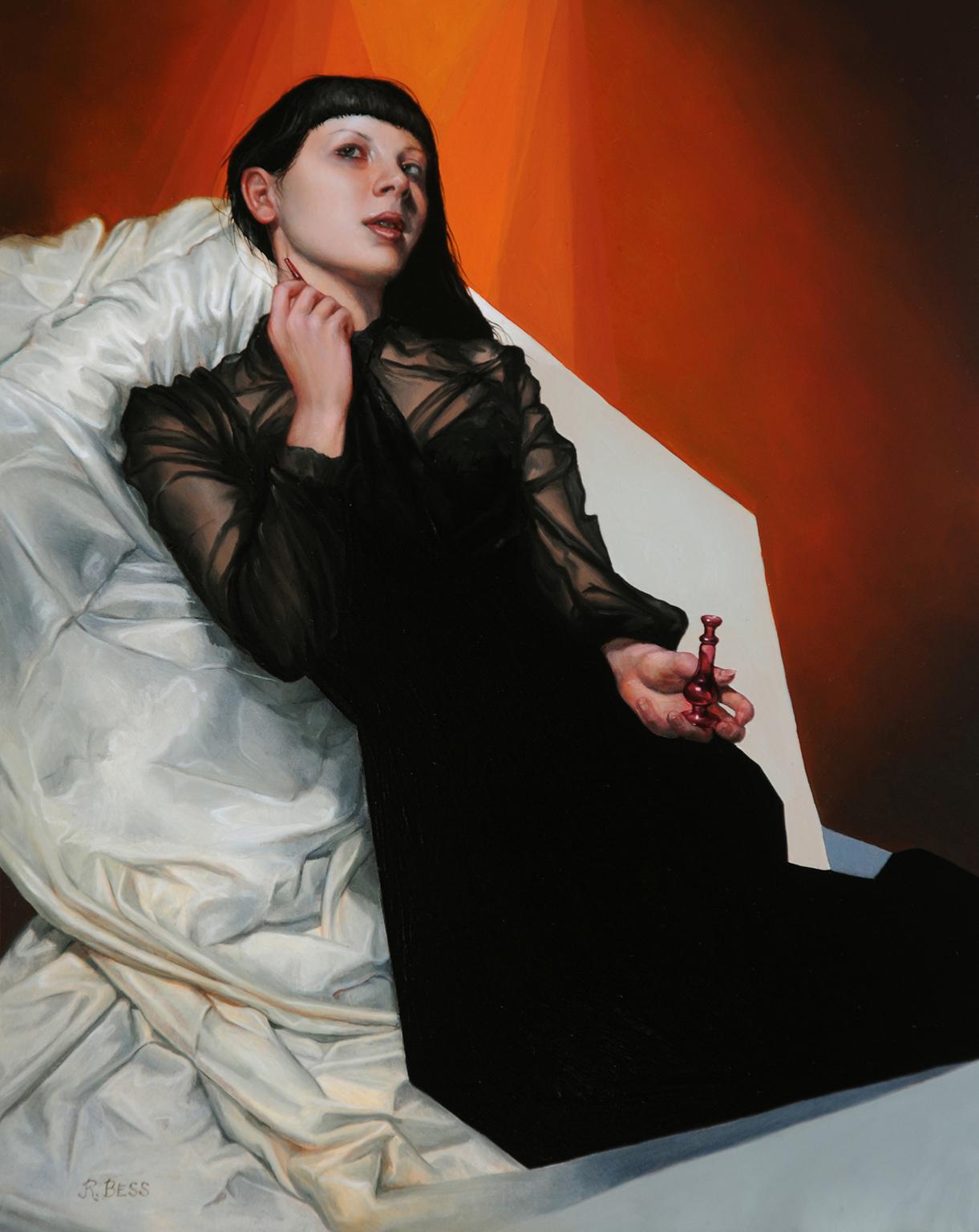 Figurative Painting Rachel Bess - "Jasmine and Clove", peinture à l'huile - Portrait de femme en robe noire - Robe noire