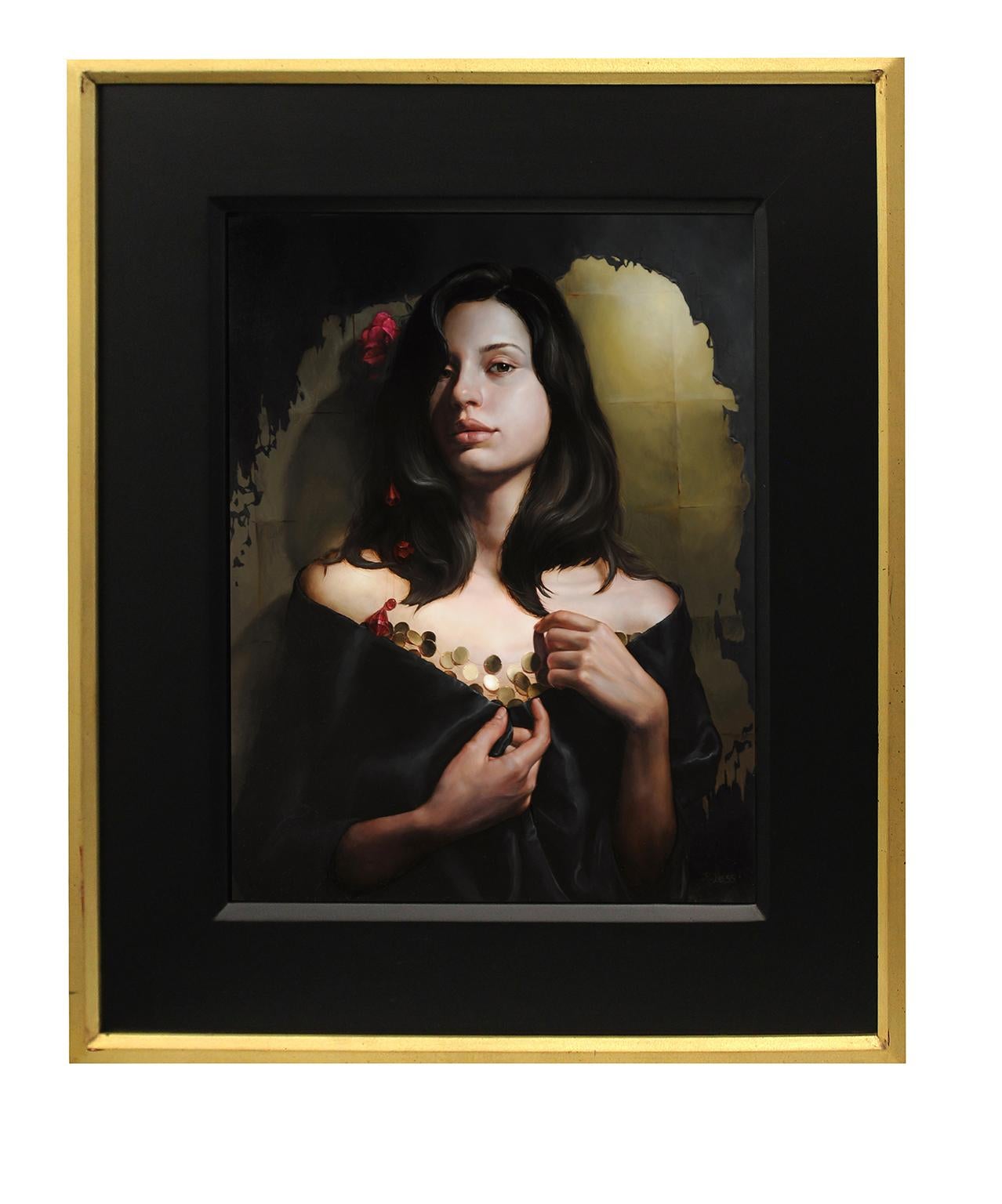 „Peeling off the Darkness“, Ölporträt einer Frau mit roter Blume im dunklen Haar, „Peeling off the Darkness“ – Painting von Rachel Bess