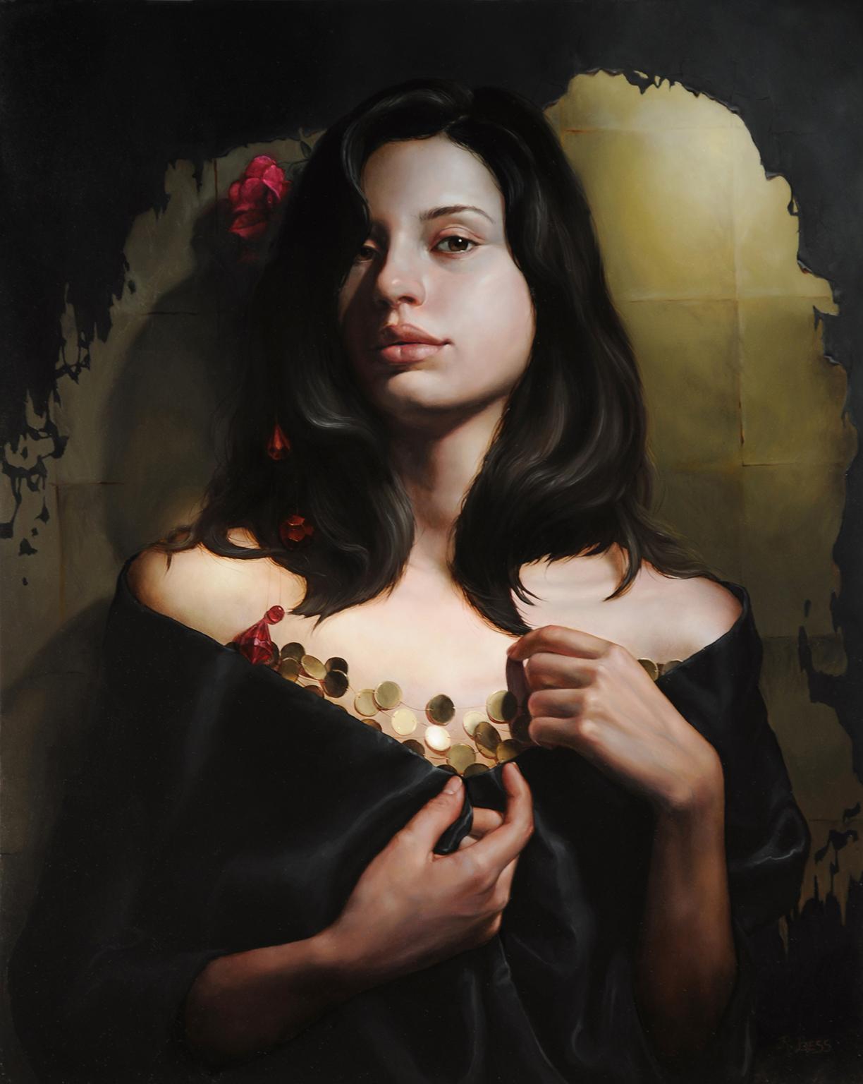 „Peeling off the Darkness“, Ölporträt einer Frau mit roter Blume im dunklen Haar, „Peeling off the Darkness“