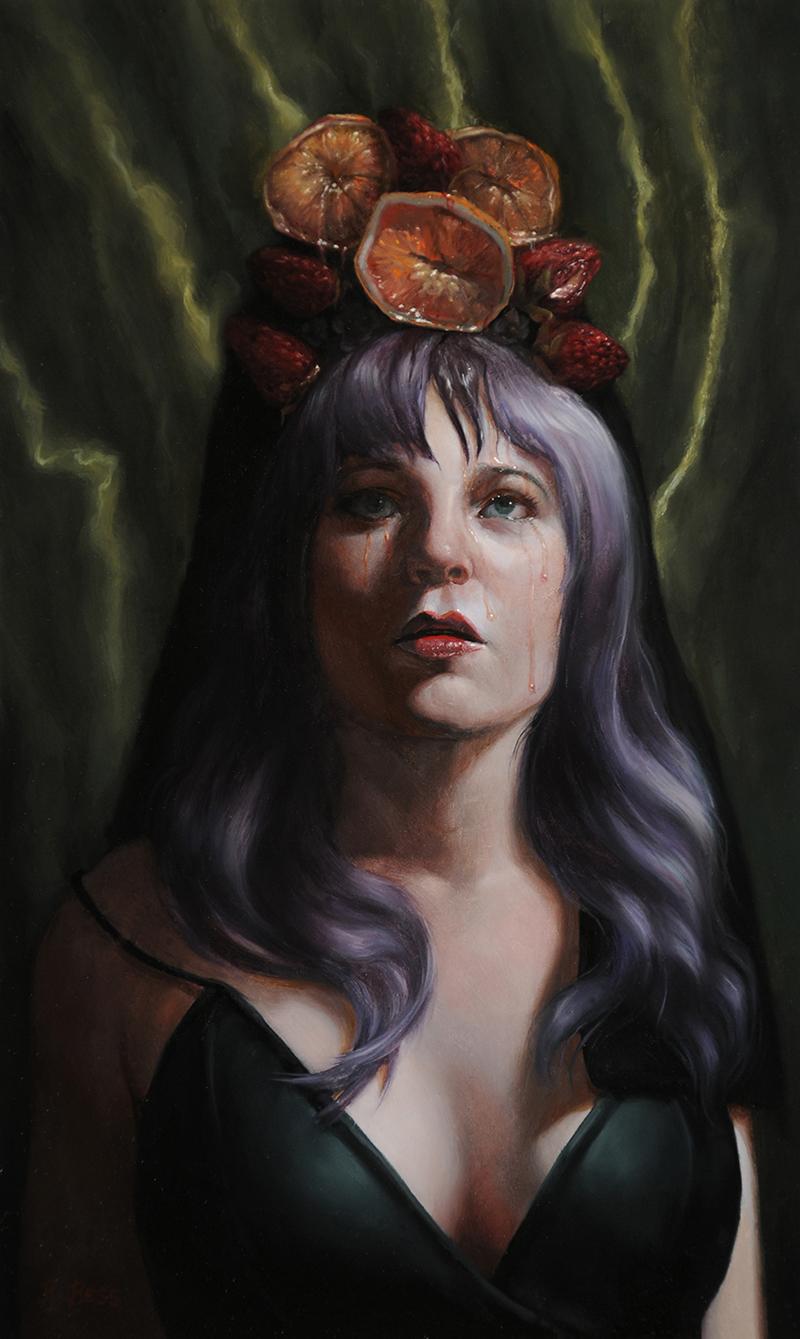 Portrait Painting Rachel Bess - Portrait féminin avec fruits, femme, « Realisation That Time Cannot Be Persuaded » (réalisation que le temps ne peut pas être persuadé)