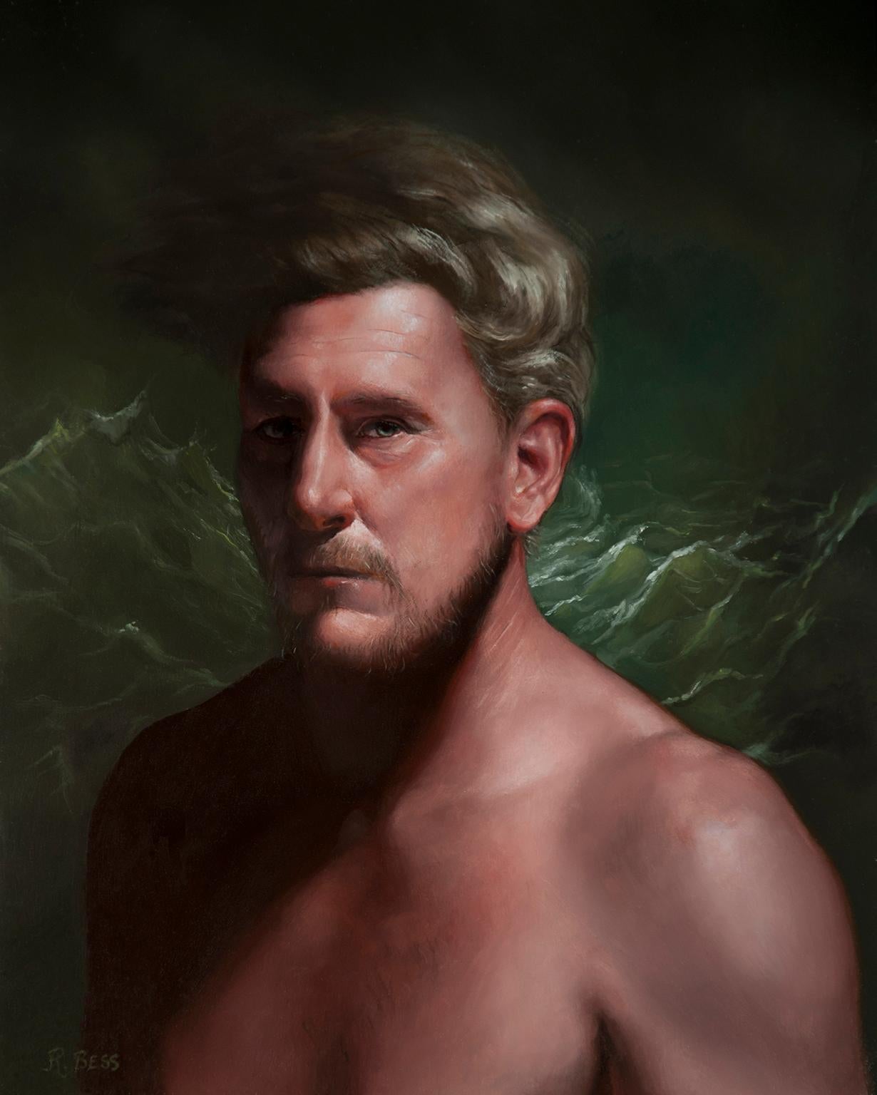 Figurative Painting Rachel Bess - Portrait à l'huile « Rise and Fall » (Rise et automne) - Peinture d'un blonde homme en train de faire des vagues océaniques