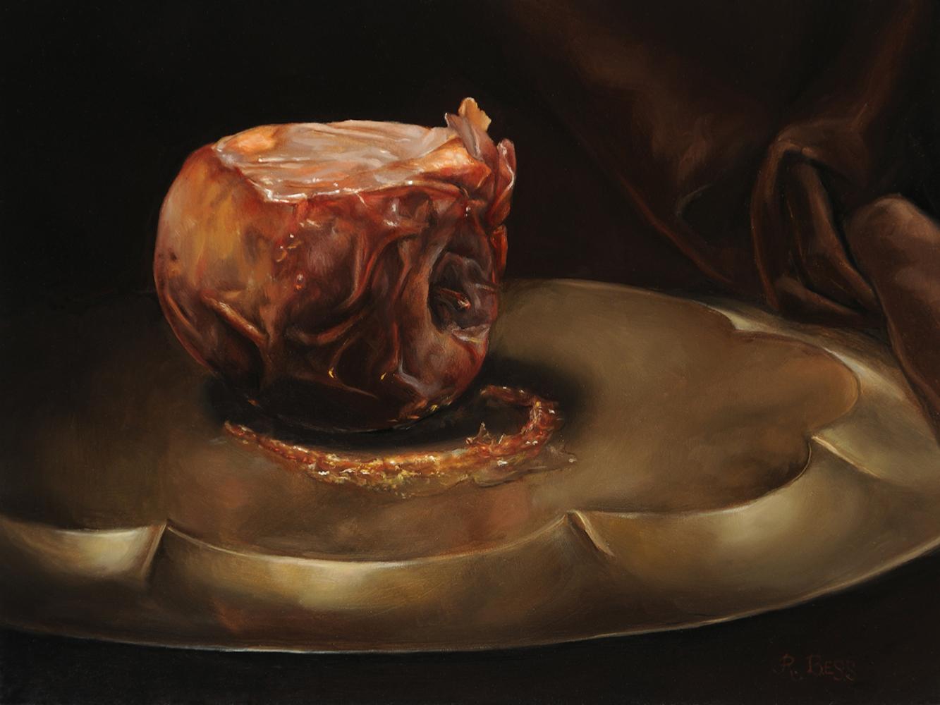 "Rotting Apple, Prone" still life oil painting fruit