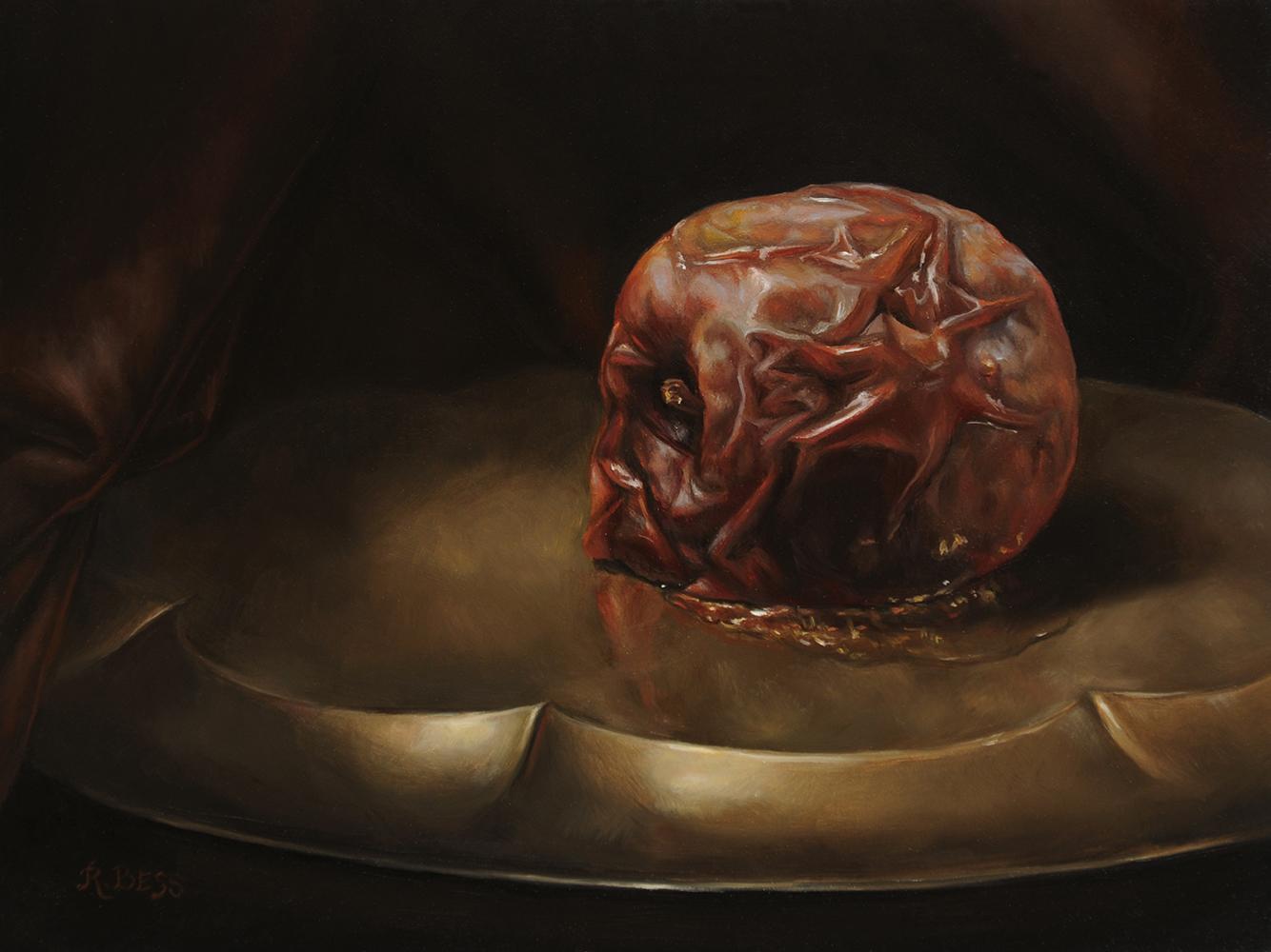 Rachel Bess Still-Life Painting - "Rotting Apple, Supine" still life oil painting fruit