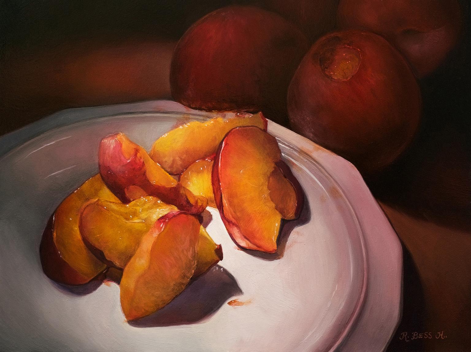 Rachel Bess Still-Life Painting - "Soft Skin and Fragile Light" still life painting peaches nectarines fruit