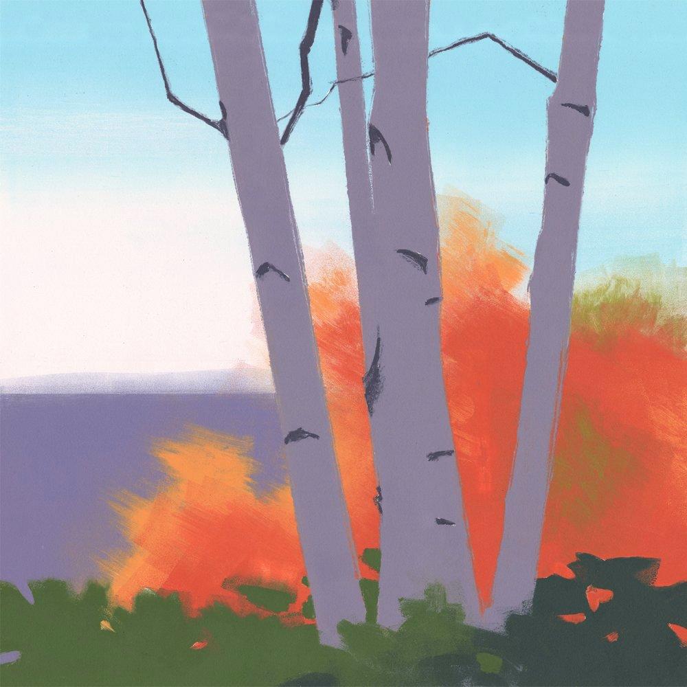 Rachel Burgess Landscape Painting - Five Birches, landscape monotype 