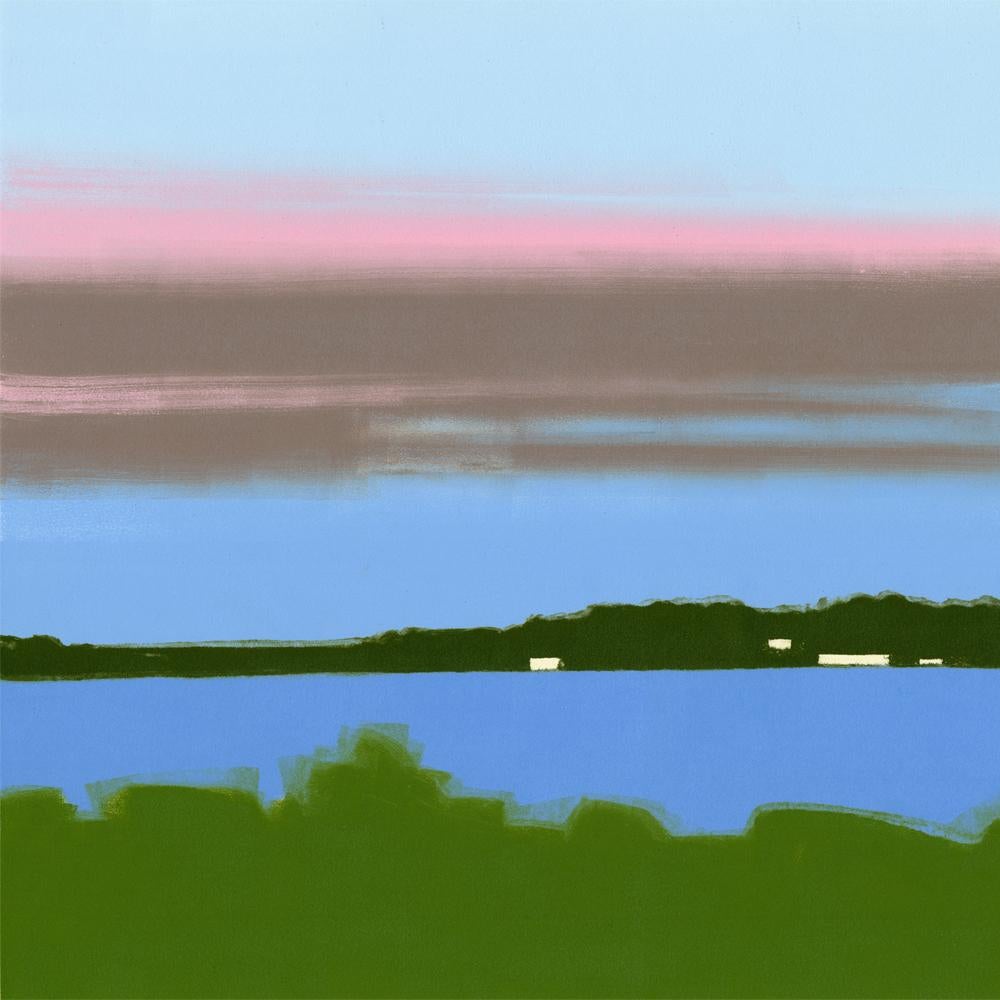 Rachel Burgess Landscape Painting – Drei Blaugrüne, Landschafts monotypie 