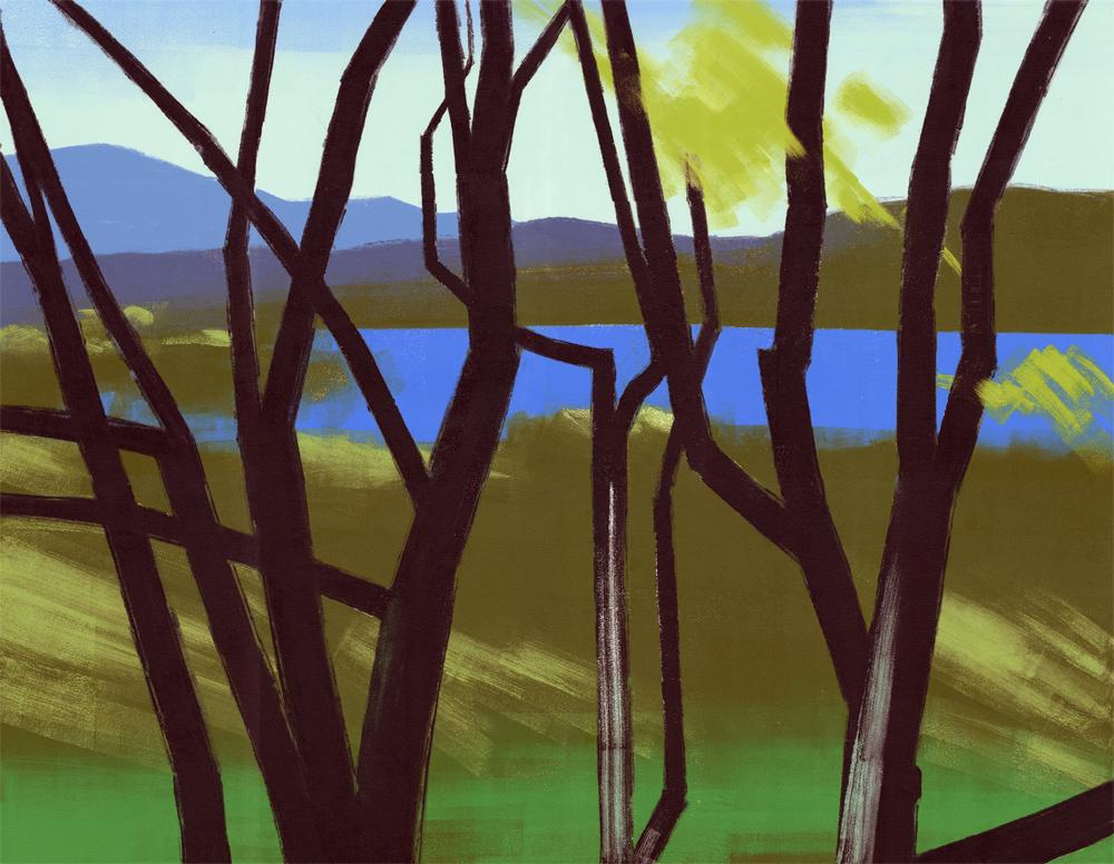 Rachel Burgess Landscape Painting – Drei Bäume, Landschafts monotypie 