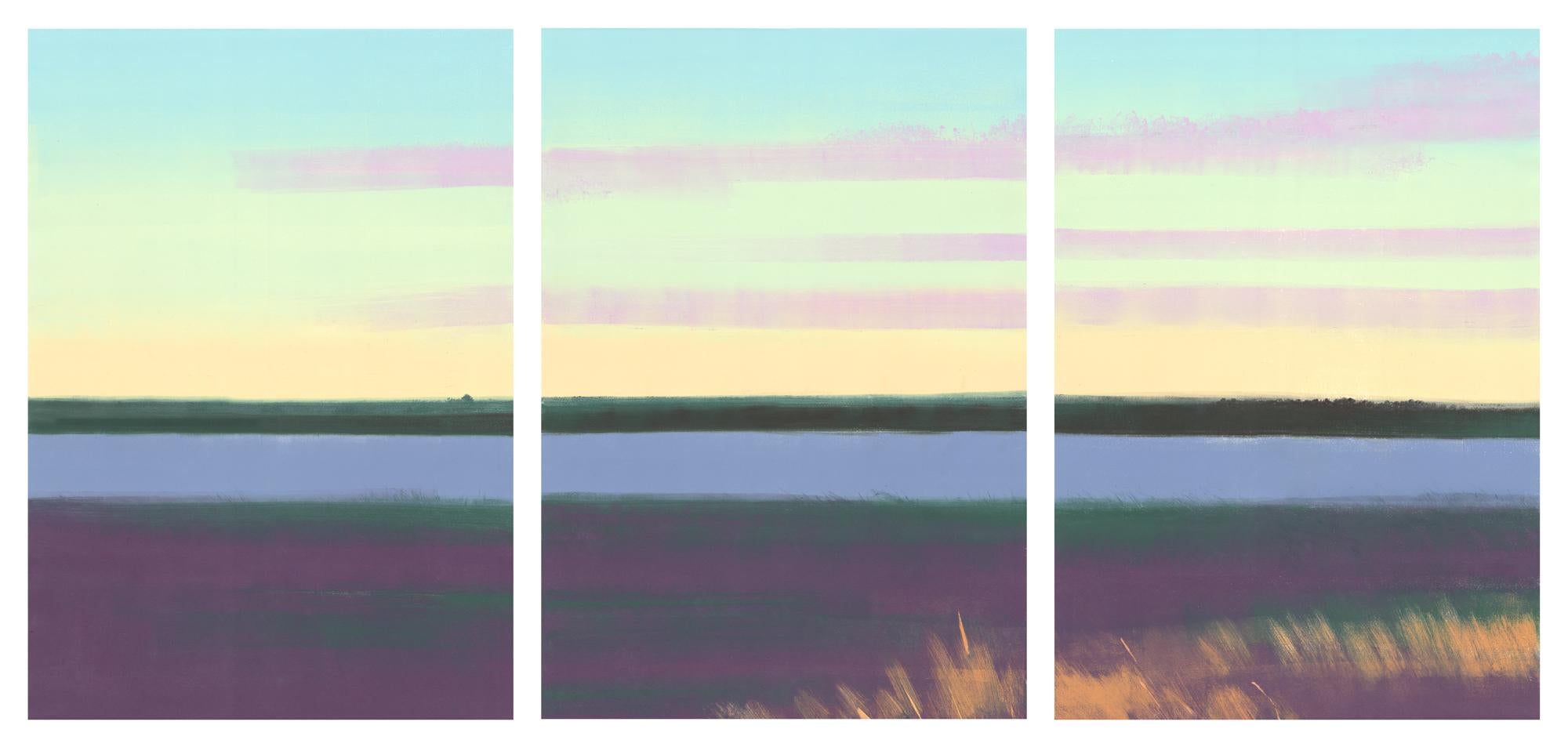 Rachel Burgess Landscape Print - Autumn Day, earth toned landscape triptych, work on paper