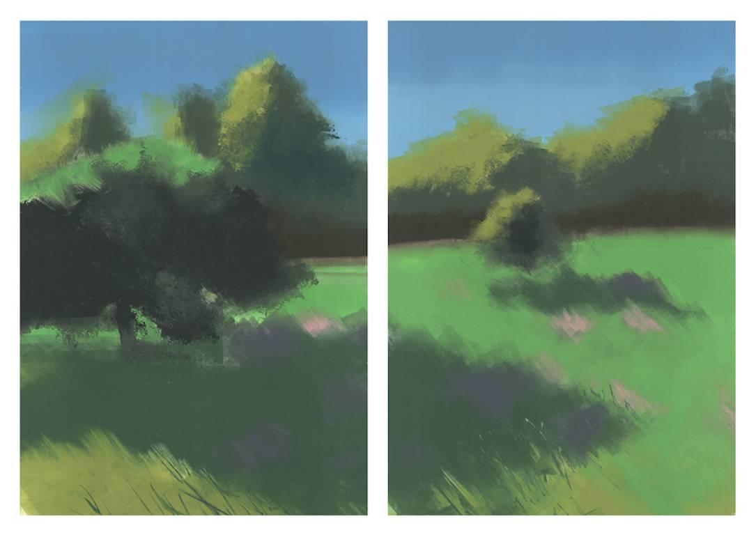 Bloom, spring day, green fields with trees, landscape diptych, monoprint