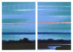 Blue and Orange, bright skyscape diptych, work on paper