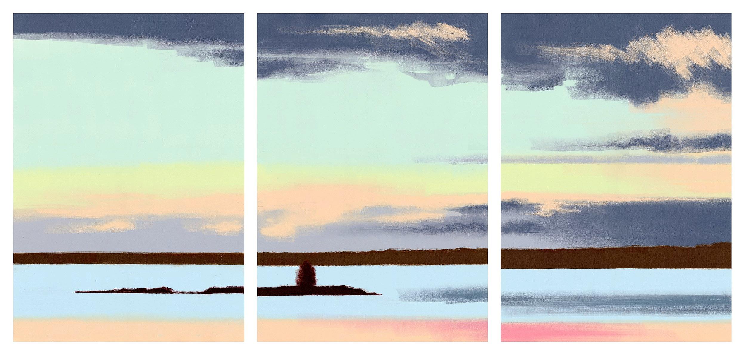Rachel Burgess Landscape Print - Blue Shadow, landscape, glue, gray, orange, pastel, seascape, nature, triptych