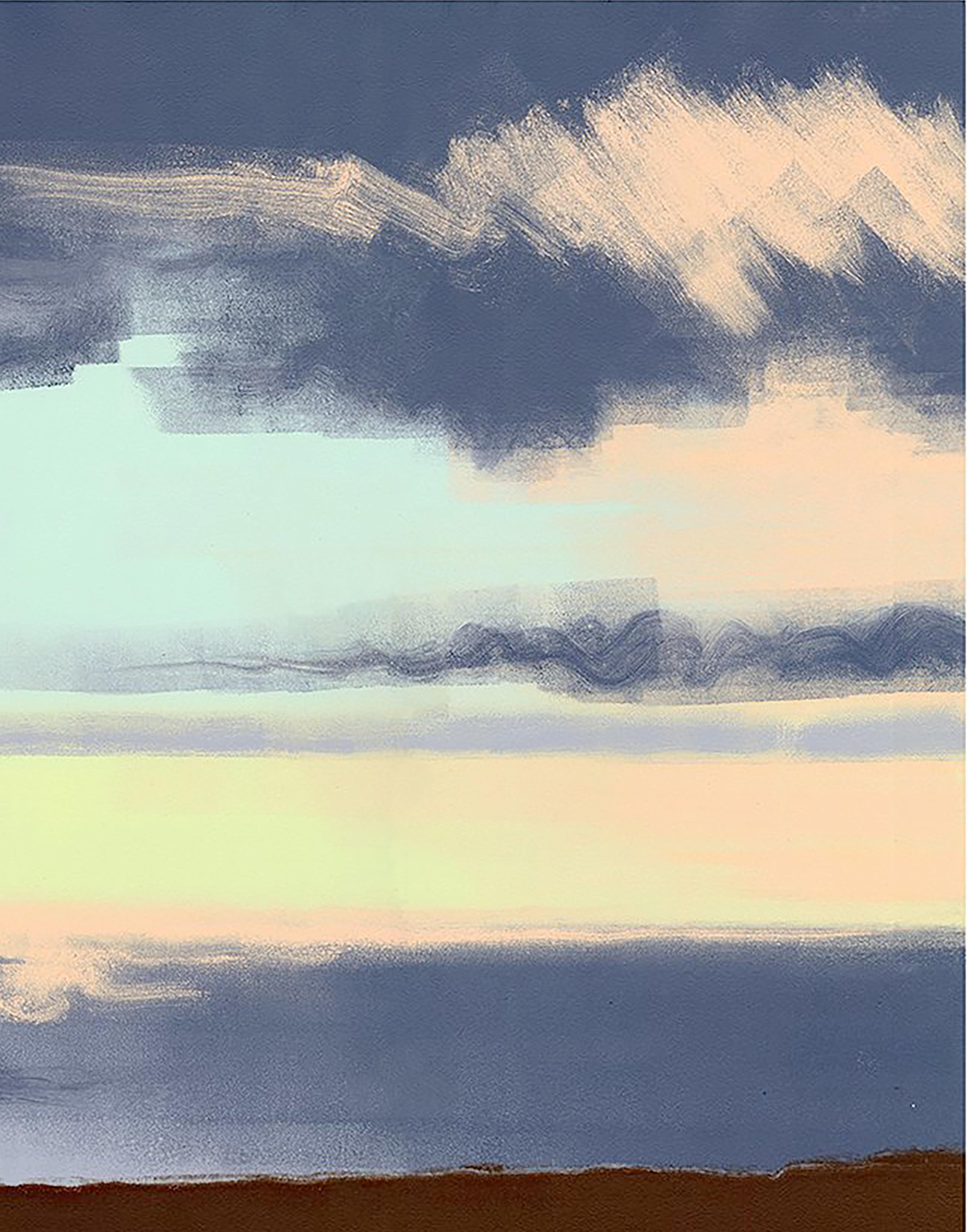 Blue Shadow, landscape, glue, gray, orange, pastel, seascape, nature, triptych - Contemporary Print by Rachel Burgess