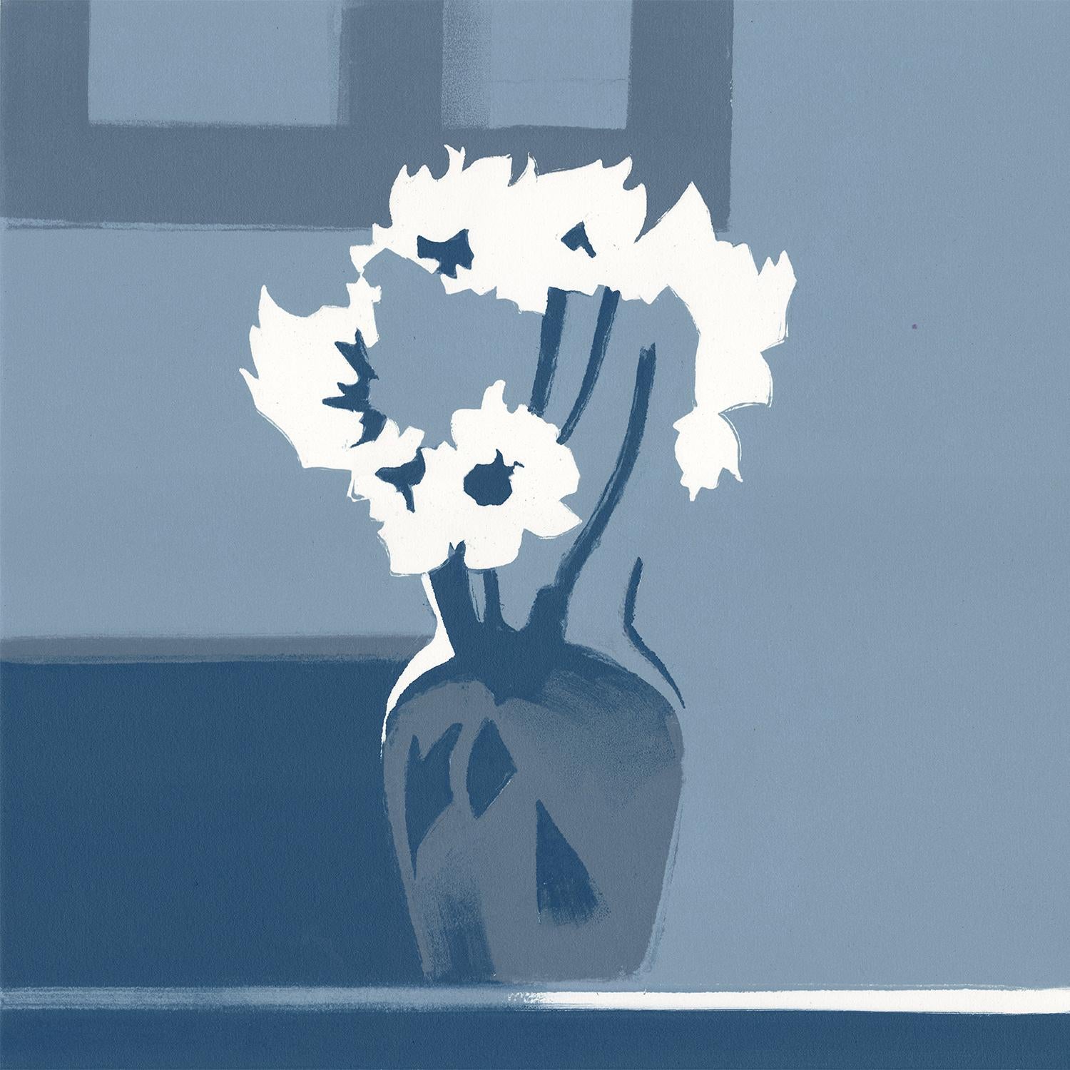 Daisies XV (Margherite e specchio) (astratto, natura morta, monotipo, fiori, blu)