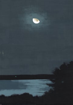 Green River, dark monotype on paper, landscape of moon at night