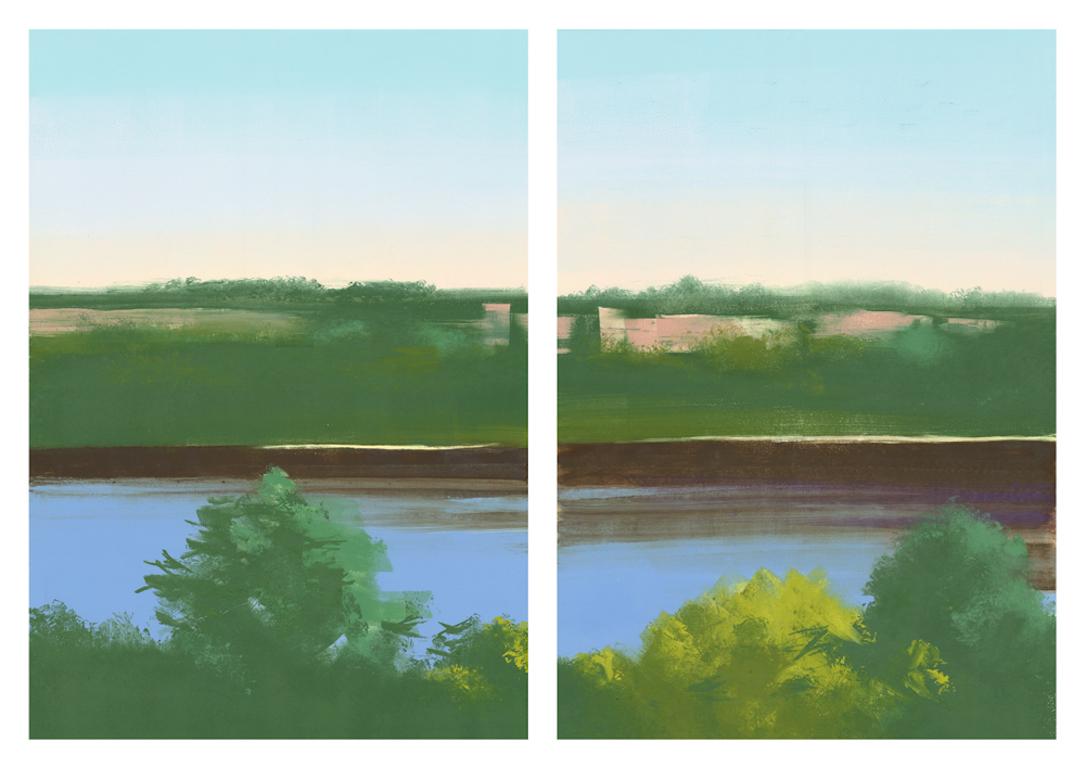 Rachel Burgess Landscape Print – Hudson Hudson. 2018, grünes montoype auf zwei Papierblättern. Diptychon Landschaft.