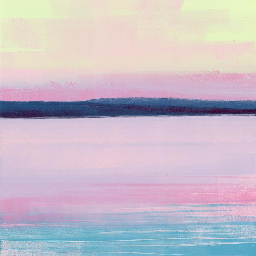 Rachel Burgess Landscape Print - Lapping, bright abstract monoprint of lake, pink and blue