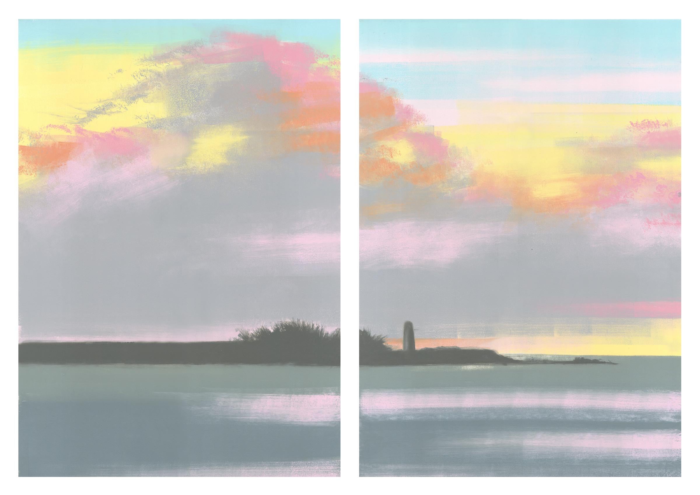 Rachel Burgess Landscape Print - Lighthouse, pastel sunset over river, lighthouse, landscape diptych