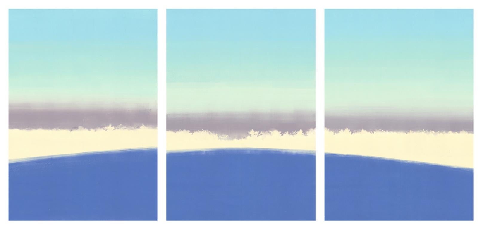 Rachel Burgess Landscape Print - Meadow, blue landscape triptych, monoprint