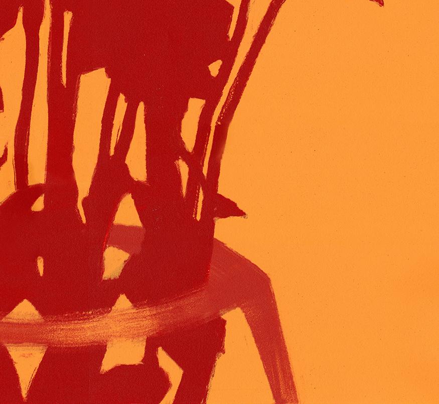 Mums II (abstrakt, Stillleben, Monotypie, Blumen, Rot, Orange, leuchtende Farben) – Print von Rachel Burgess