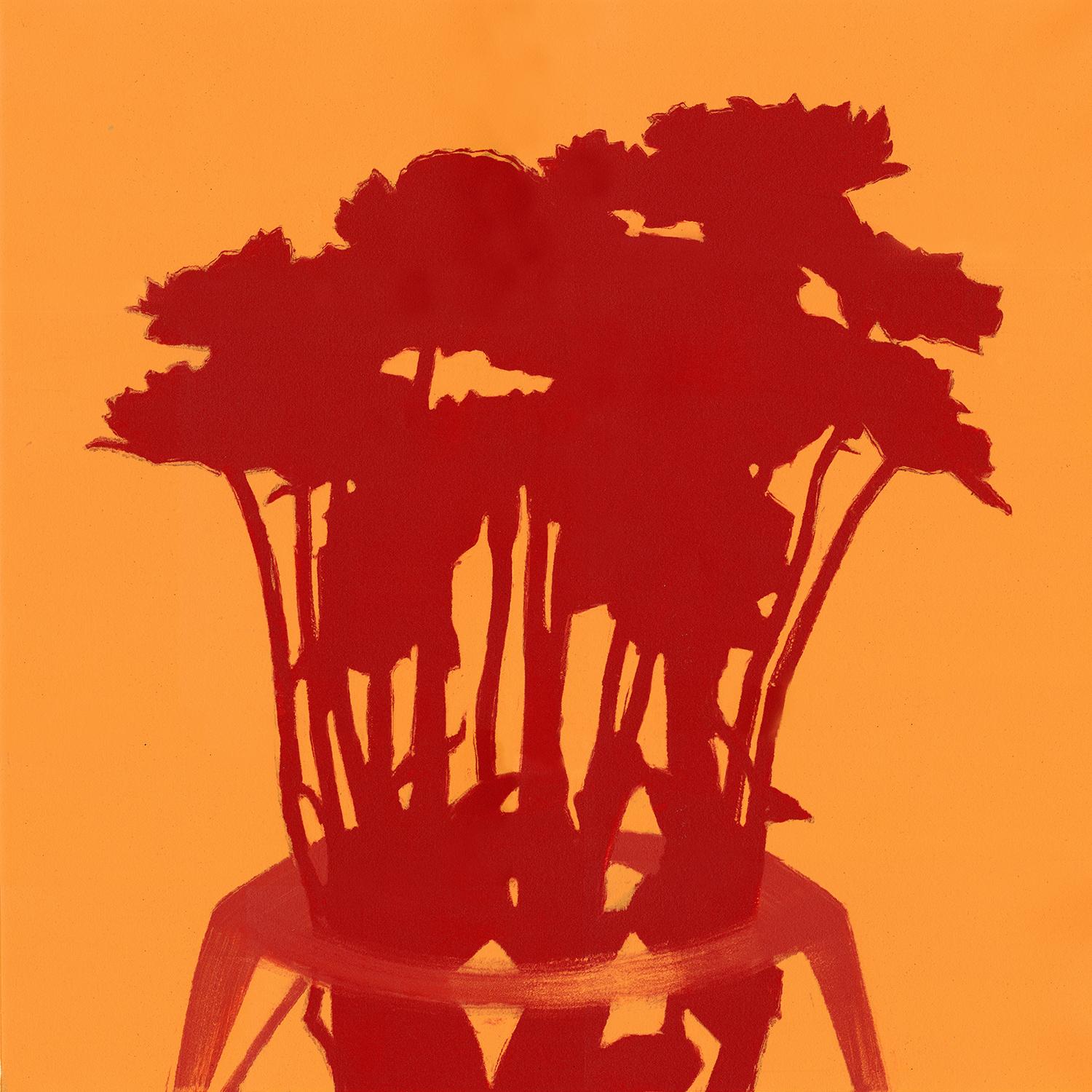 Mums II (astratto, natura morta, monotipo, fiori, rosso, arancione, colori vivaci)
