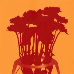 Mums II (astratto, natura morta, monotipo, fiori, rosso, arancione, colori vivaci)