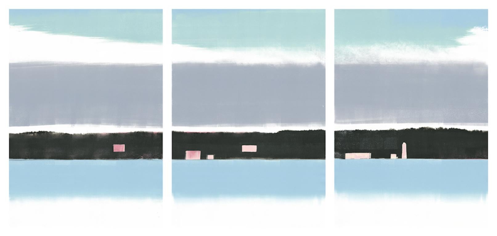 Rachel Burgess Abstract Print - Pink Dawn, blue monoprint of waterscape, triptych