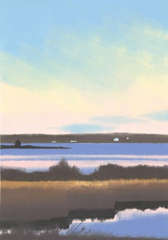 Purple River, monoprint of landscape at sunrise, pastel blue and yellow