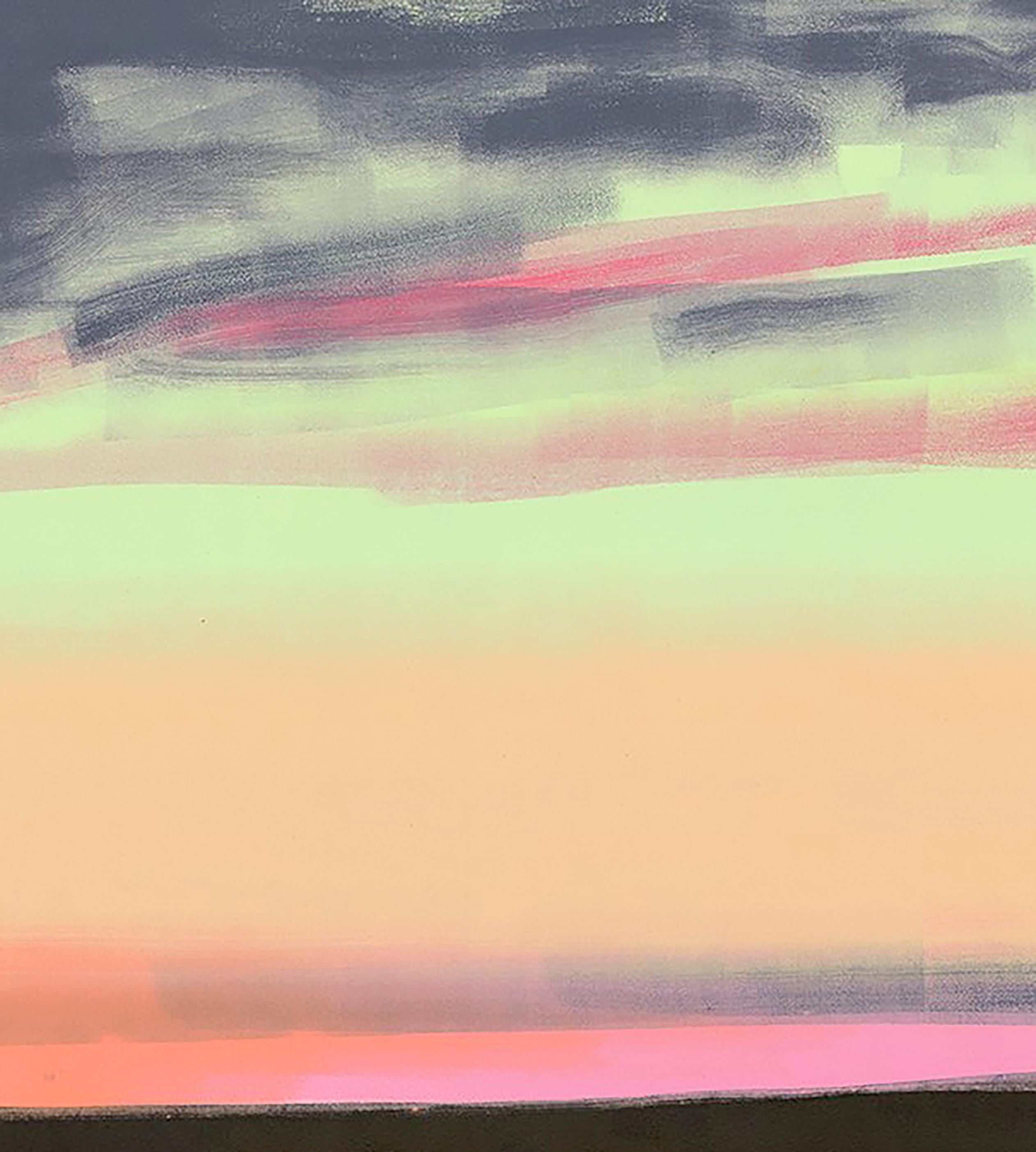 Rotes Licht, Landschaft, Meereslandschaft, rot, blau, grün, gelb, dunkle Farben, Triptychon – Print von Rachel Burgess