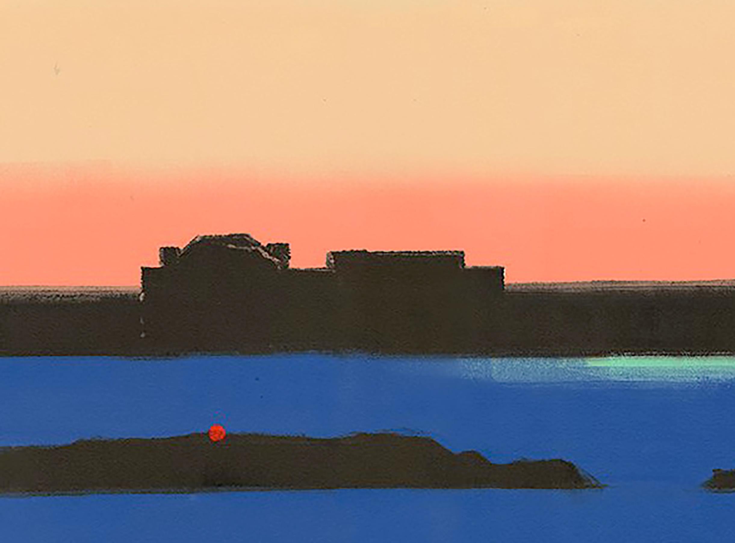 Rotes Licht, Landschaft, Meereslandschaft, rot, blau, grün, gelb, dunkle Farben, Triptychon (Zeitgenössisch), Print, von Rachel Burgess