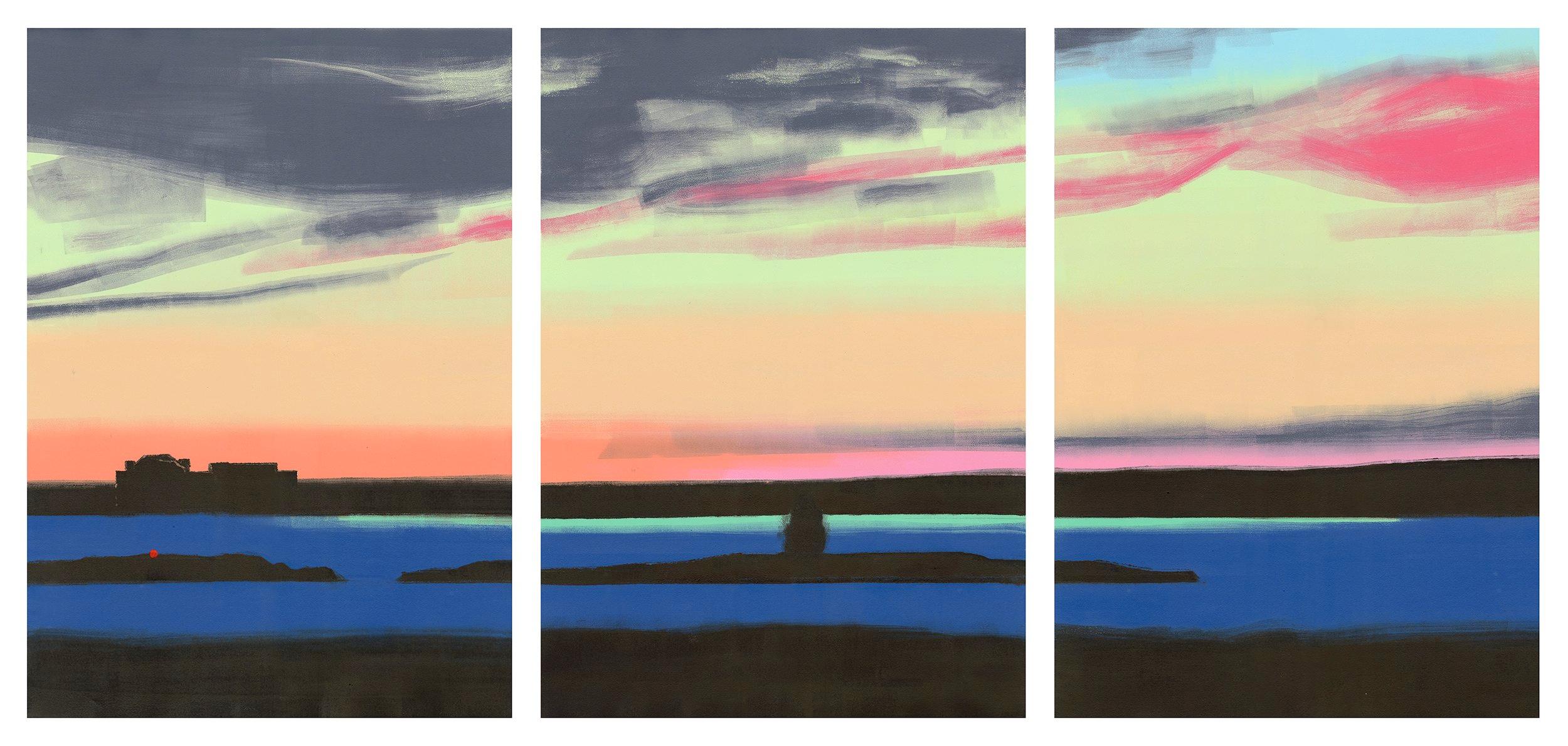Rachel Burgess Landscape Print – Rotes Licht, Landschaft, Meereslandschaft, rot, blau, grün, gelb, dunkle Farben, Triptychon
