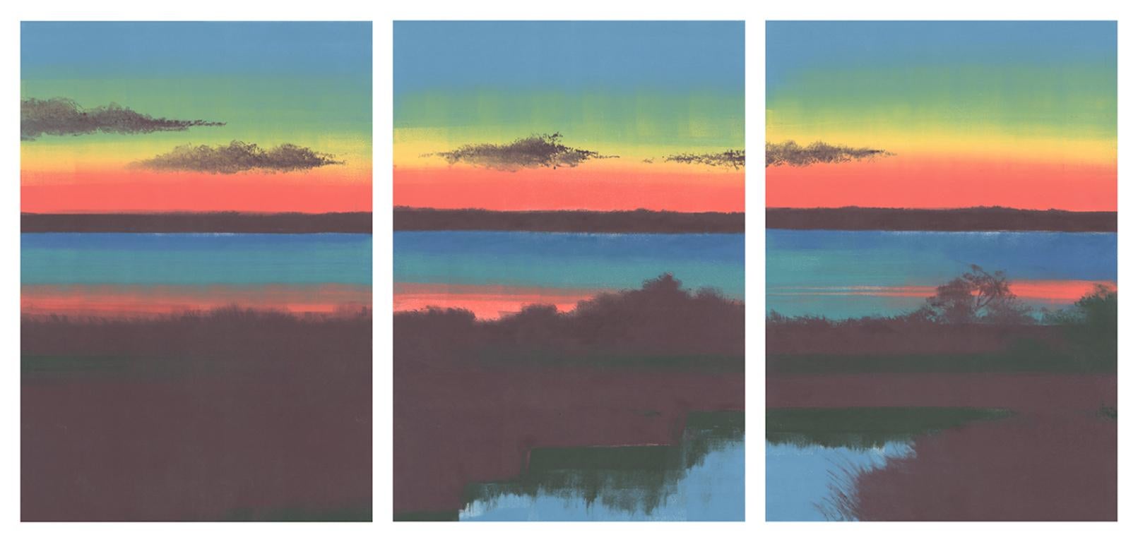 Rachel Burgess Landscape Print - Sundown, bright landscape triptych, sunset