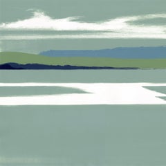 Superior III, green and white abstracted landscape on paper, lake