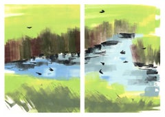 Swallows. 2018, montoype on two sheets of paper. Diptych landscape.
