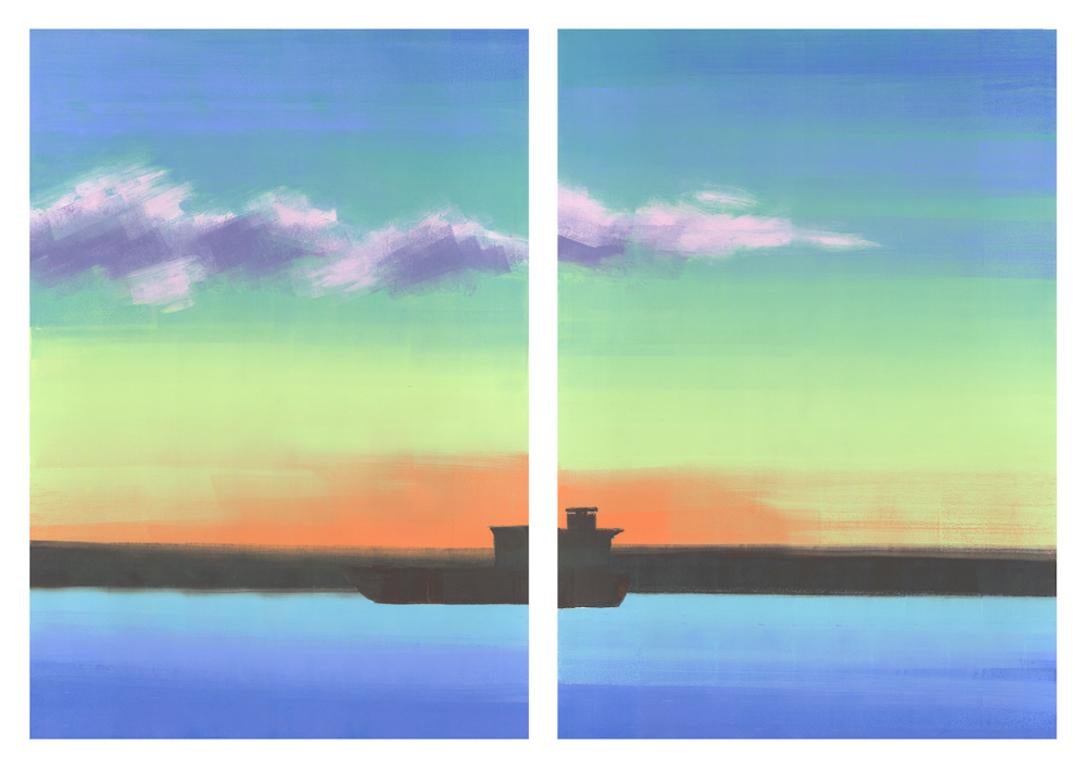 Rachel Burgess Abstract Print - Tanker, vibrant print of ship against sunset, diptych