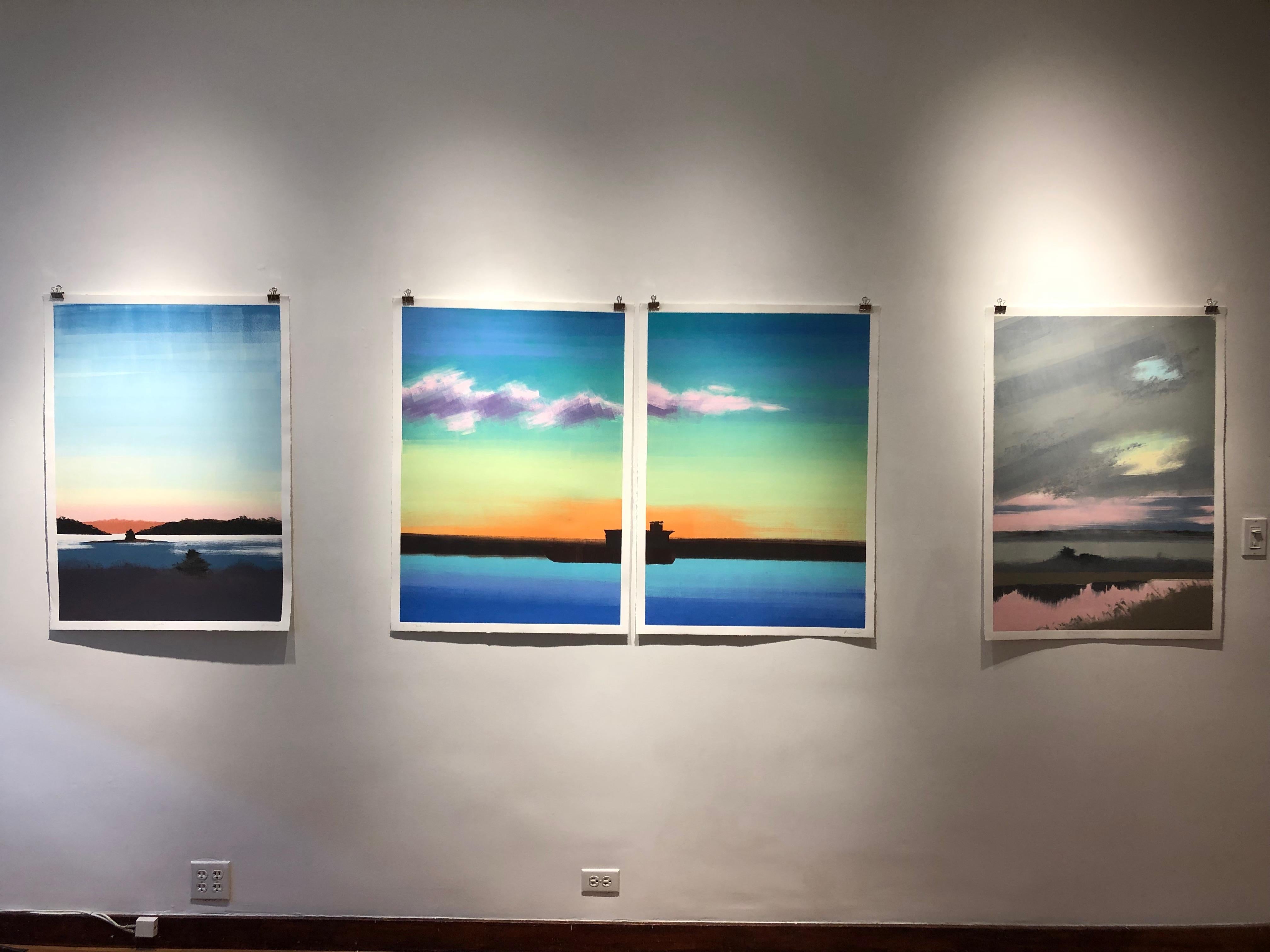 Tanker, vibrant print of ship against sunset, diptych - Print by Rachel Burgess