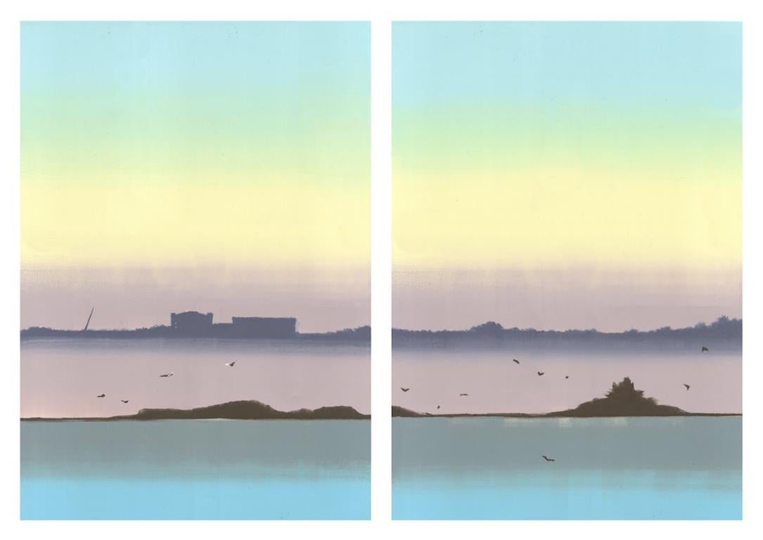 Rachel Burgess Landscape Print - The Ships Come In, monoprint, pastel coast and landscape, blue, yellow, purple