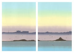 The Ships Come In, monoprint, pastel coast and landscape, blue, yellow, purple