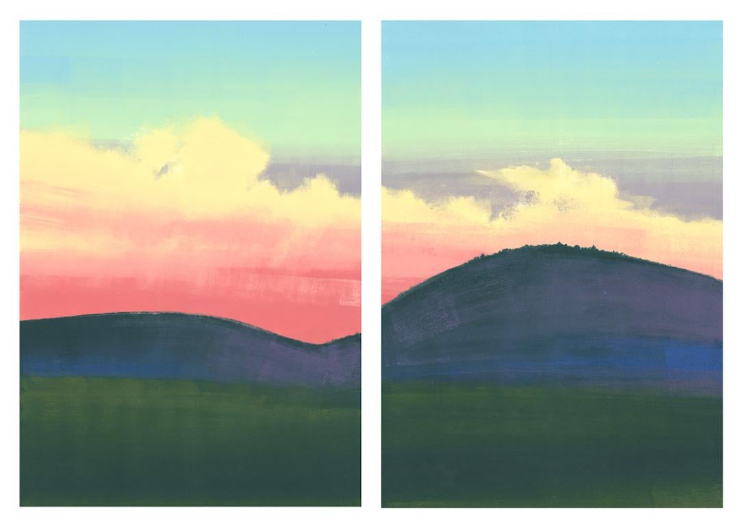 Rachel Burgess Landscape Print - West, bright sunset, landscape diptych