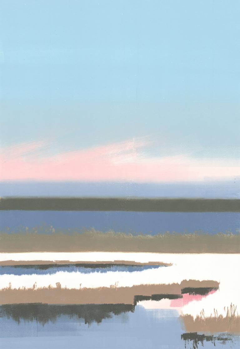 Rachel Burgess Landscape Print – Winter, Monoprint eines Flusses am Tag, Schnee, Pastellblau und Rosa